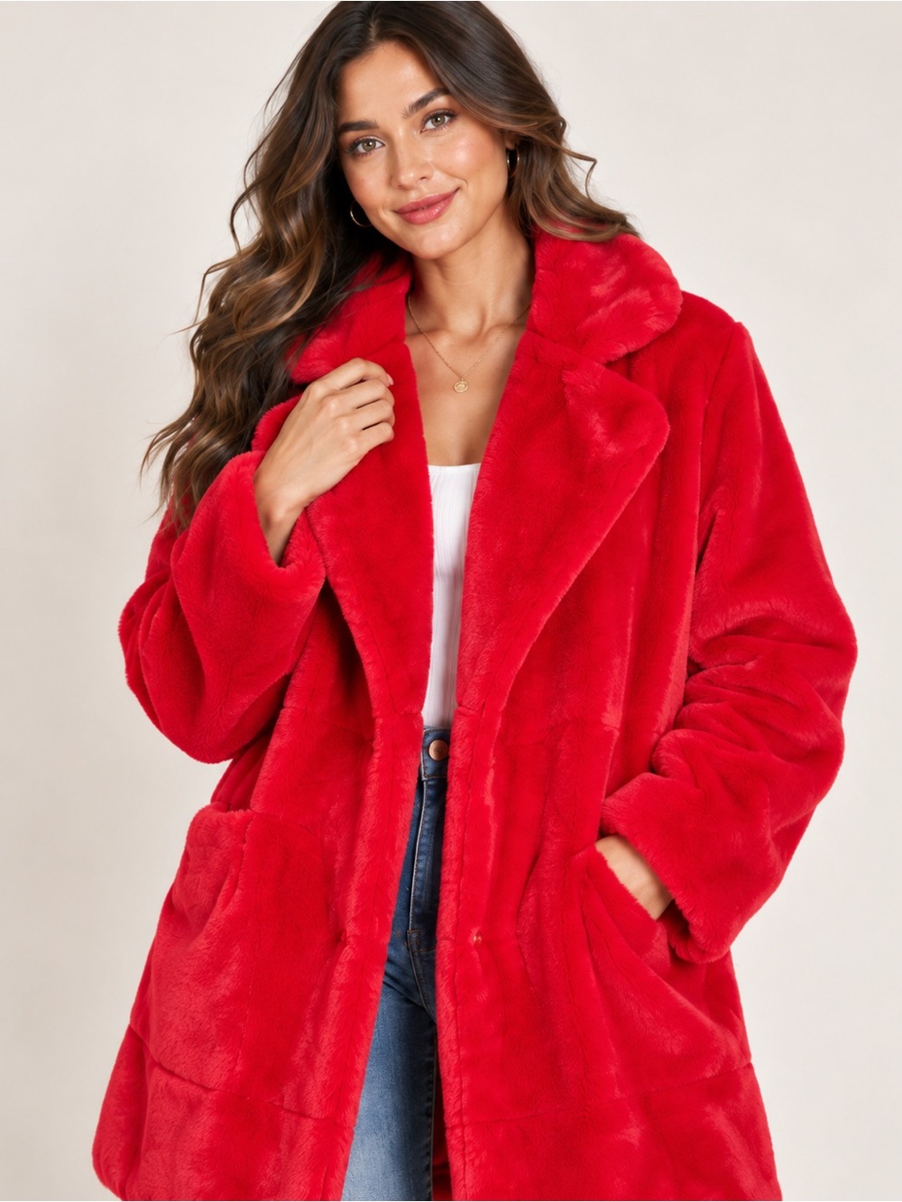 Women's Red Faux Fur Teddy Coat - Chic Plush Outerwear